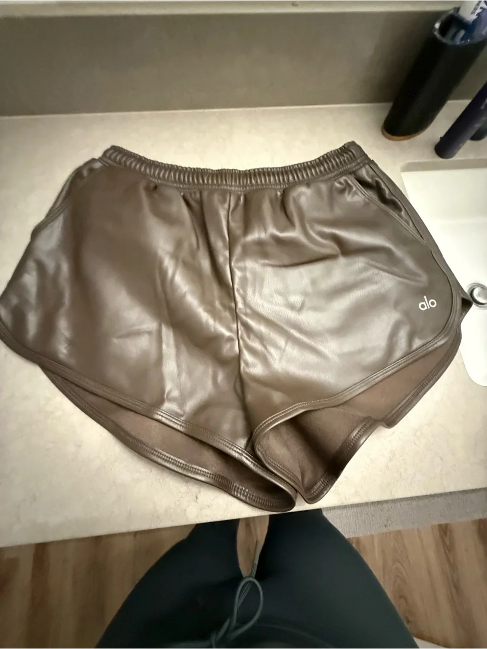 ALO Yoga Brown Faux Leather Athletic Shorts with Elastic Waist- never worn